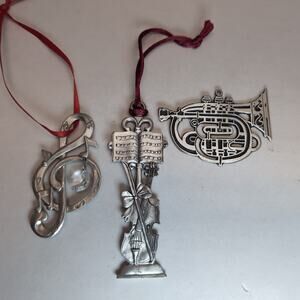 Lot of 3 Musical Pewter Ornaments Old Forge French Horn Violin Treble Clef